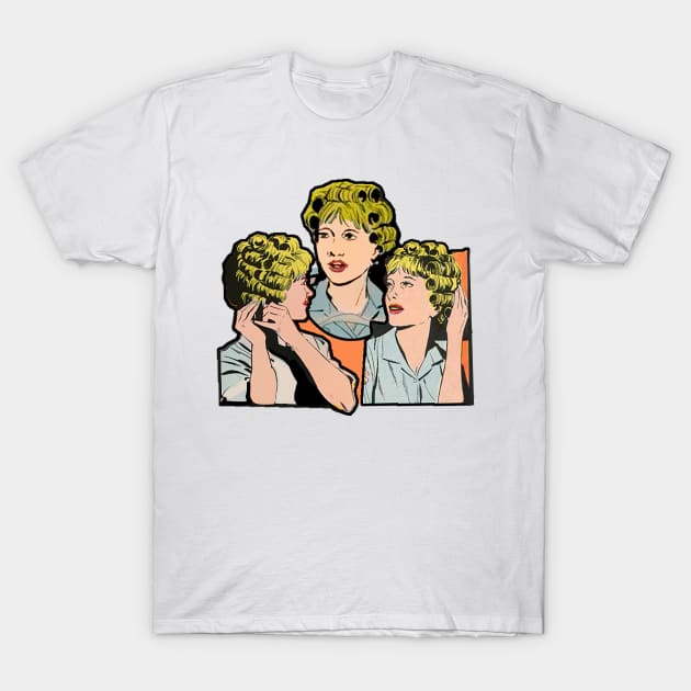 Curling her blond hair with curlers T-Shirt by Marccelus